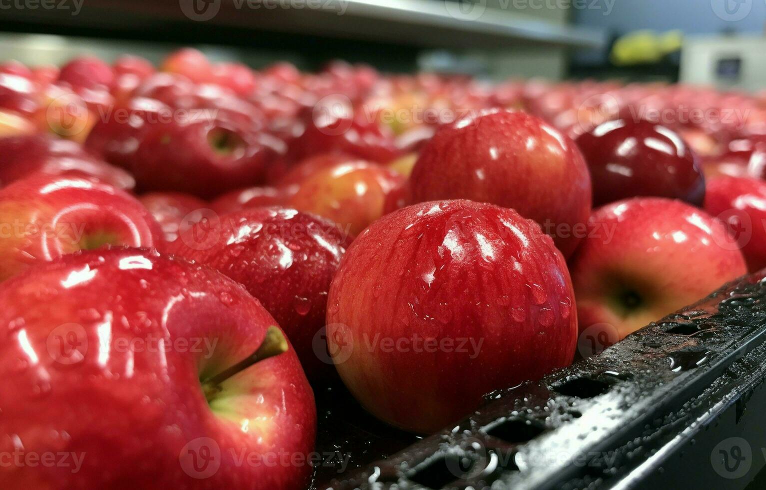 A close-up of newly picked red Fiji apples being washed and transported up a conveyor belt in a Tasmanian apple packing shed before being graded and packaged. AI Generative. photo