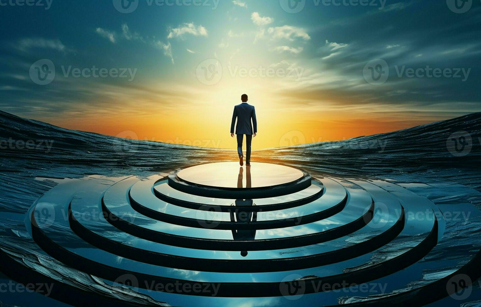 The concept of a business critical success challenge.A businessman walks step by step to the hole of a successfully solved door. AI Generative photo
