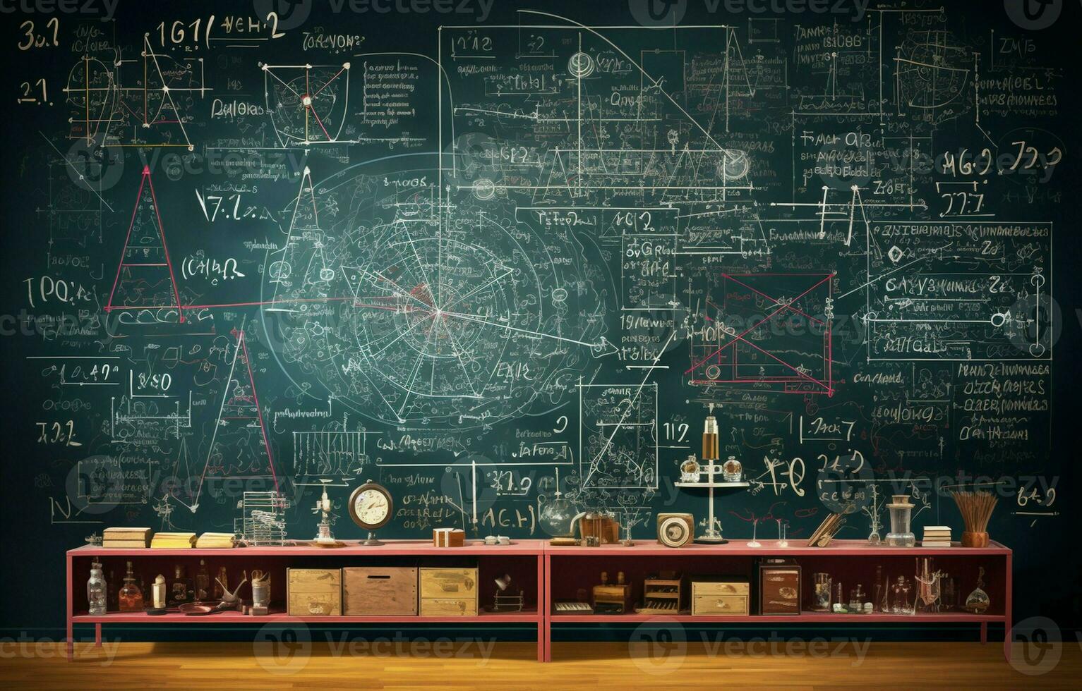 Scientific formulas and calculations in physics, mathematics, and electrical circuits are written on a blackboard. Background in science and education. AI Generative photo