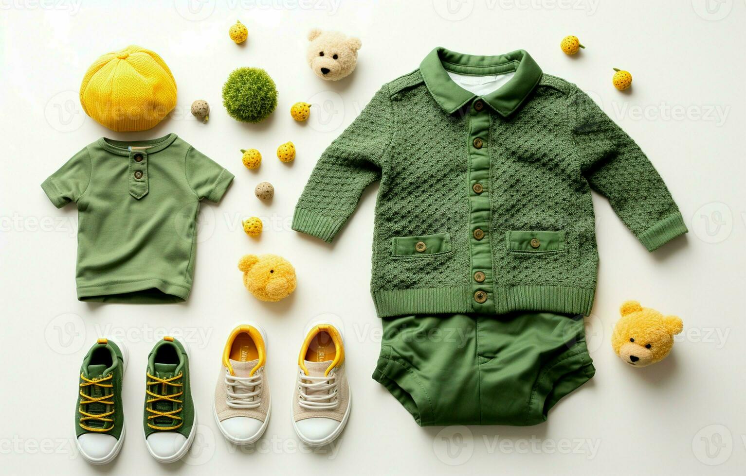 Baby fashion products in a flat lay composition. Children's clothes, shoes, toy, and pacifier isolated on a white background with text space. Toddler eco-friendly accessories. AI Generative photo