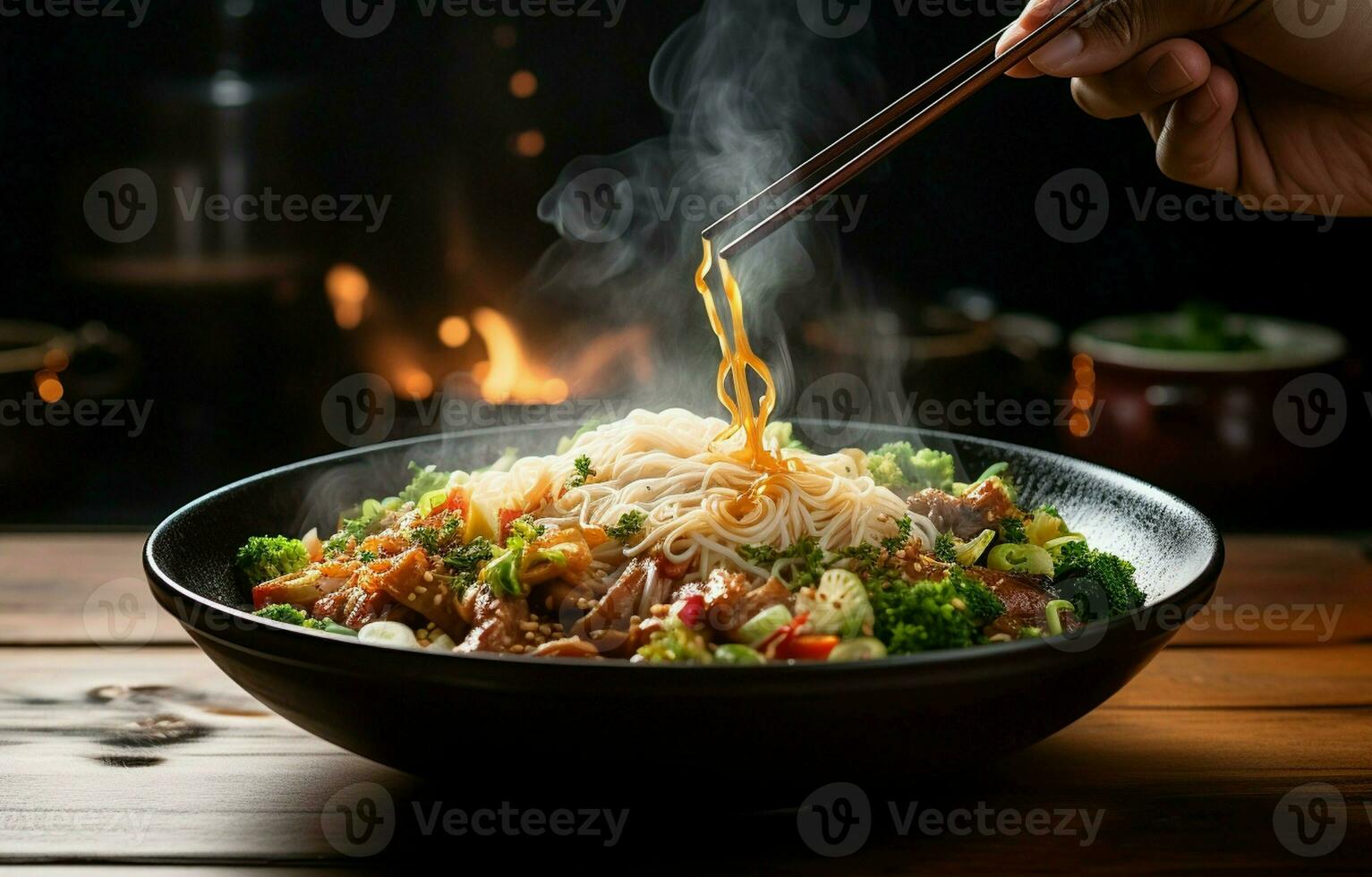 tallarines con vapor y fumar en un bol. asiático comida en un mesa. ai generativo foto