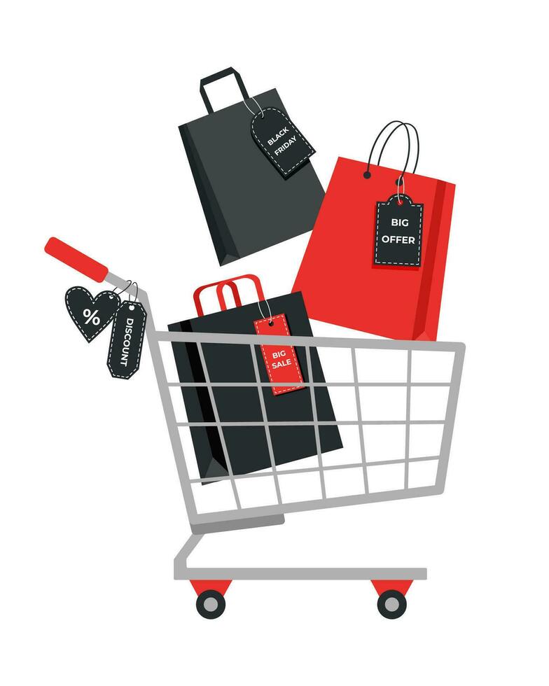 carrito de compras con bolsas de compras vector