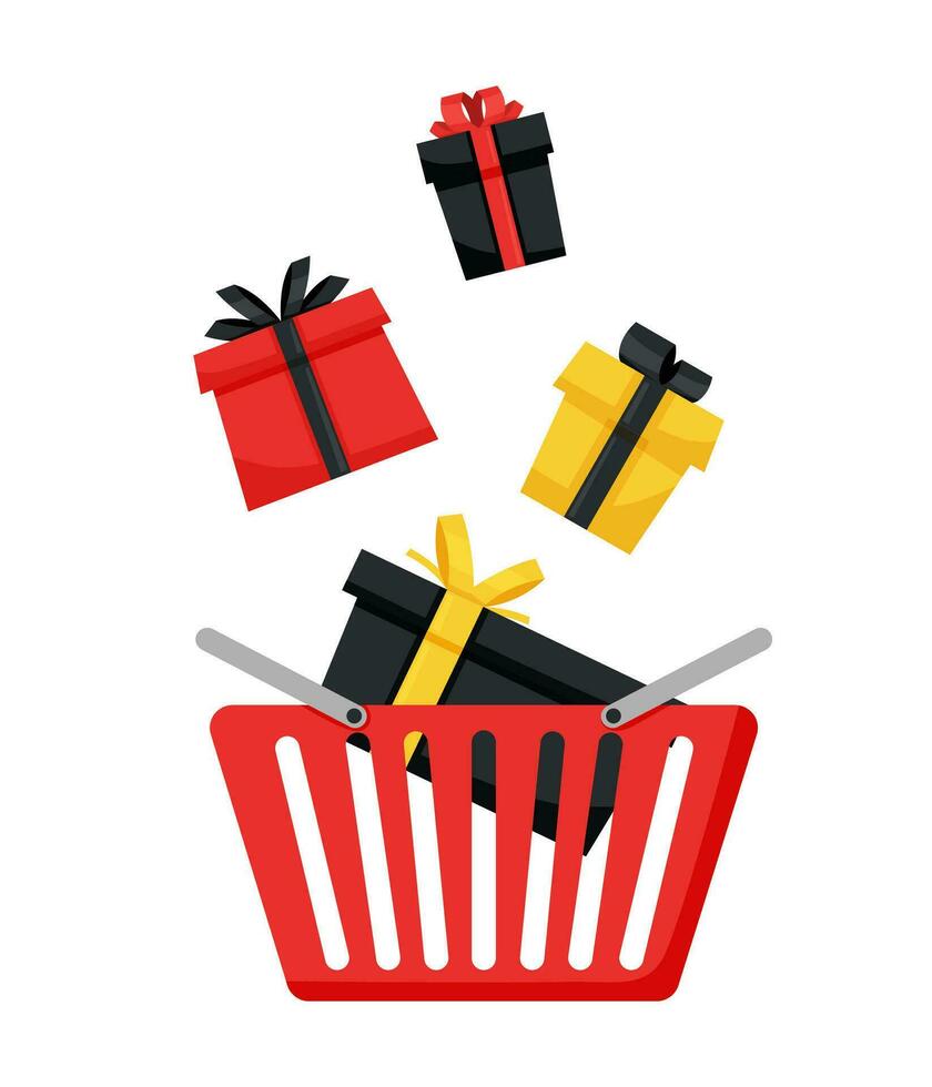 Shopping basket with gift boxes vector