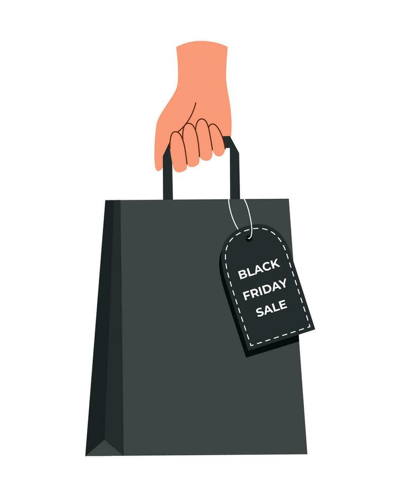 Black shopping bag with label in the hand on white background. Black Friday and sale concept. vector