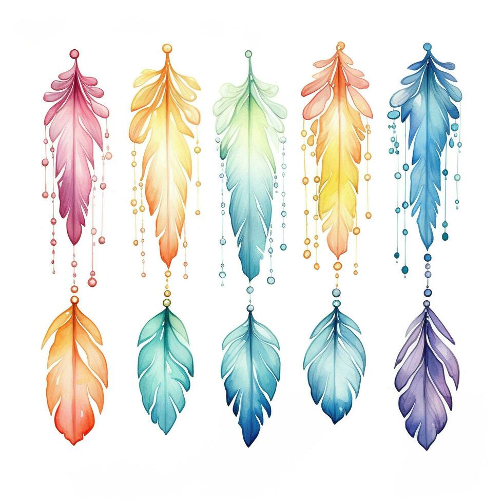 Colorful watercolor feather in boho style. Illustration, rainbow art, clipart for design. Generative AI photo