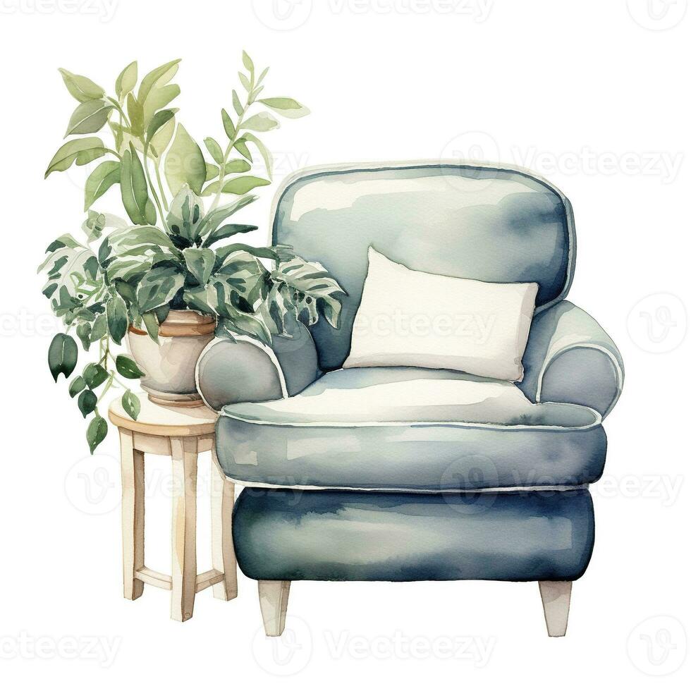 Watercolor illustration of a modern armchair in retro style. Single element, clipart, boho, cozy. Generative AI photo