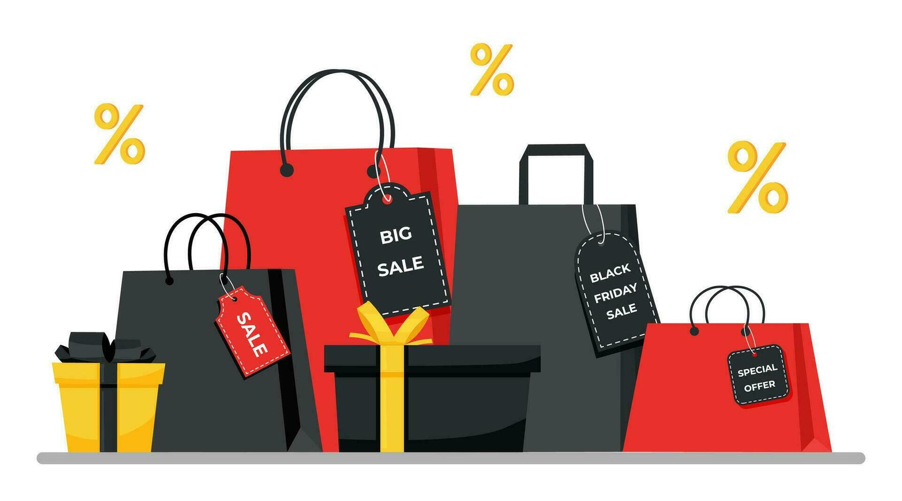 Shopping bags with labels and gift boxes. Sale concept. vector