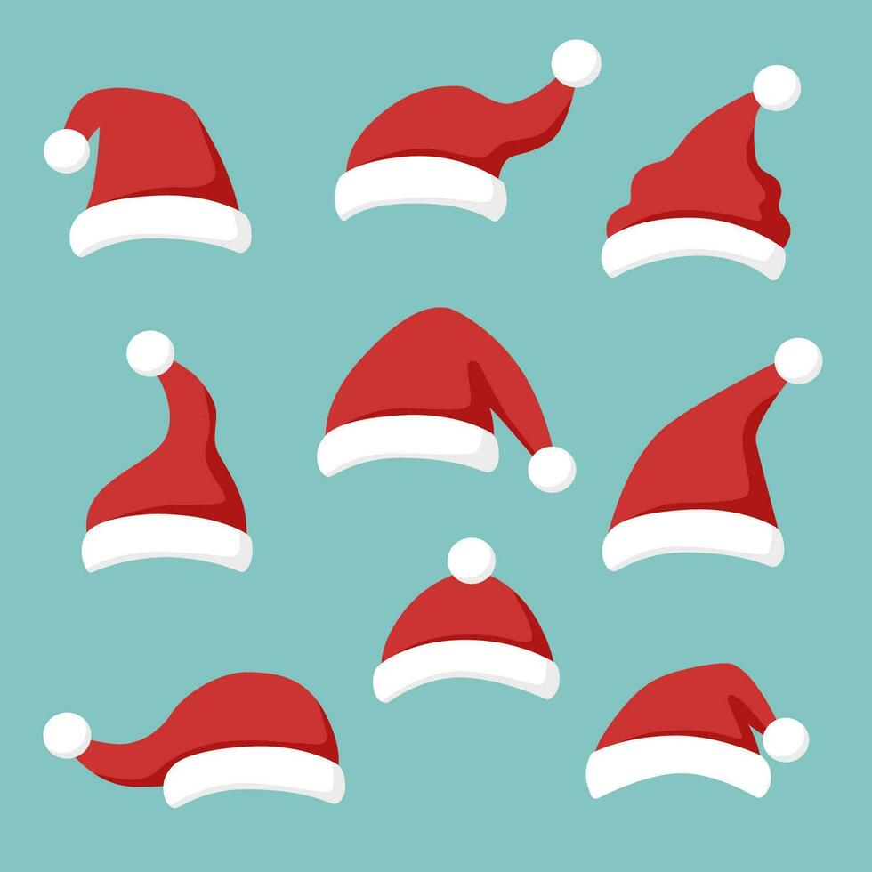 Set of Santas hats in the flat style. Christmas concept. vector