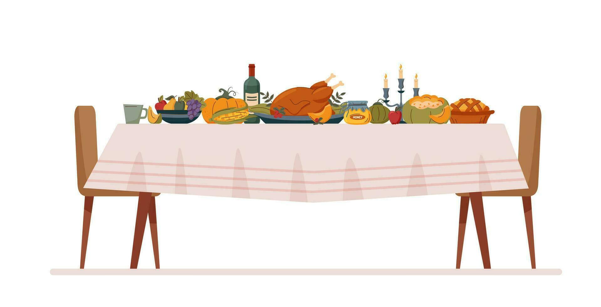 acción de gracias, día festivo, familia, Navidad concepto. comida en el mesa en blanco antecedentes. acción de gracias pavo. vector