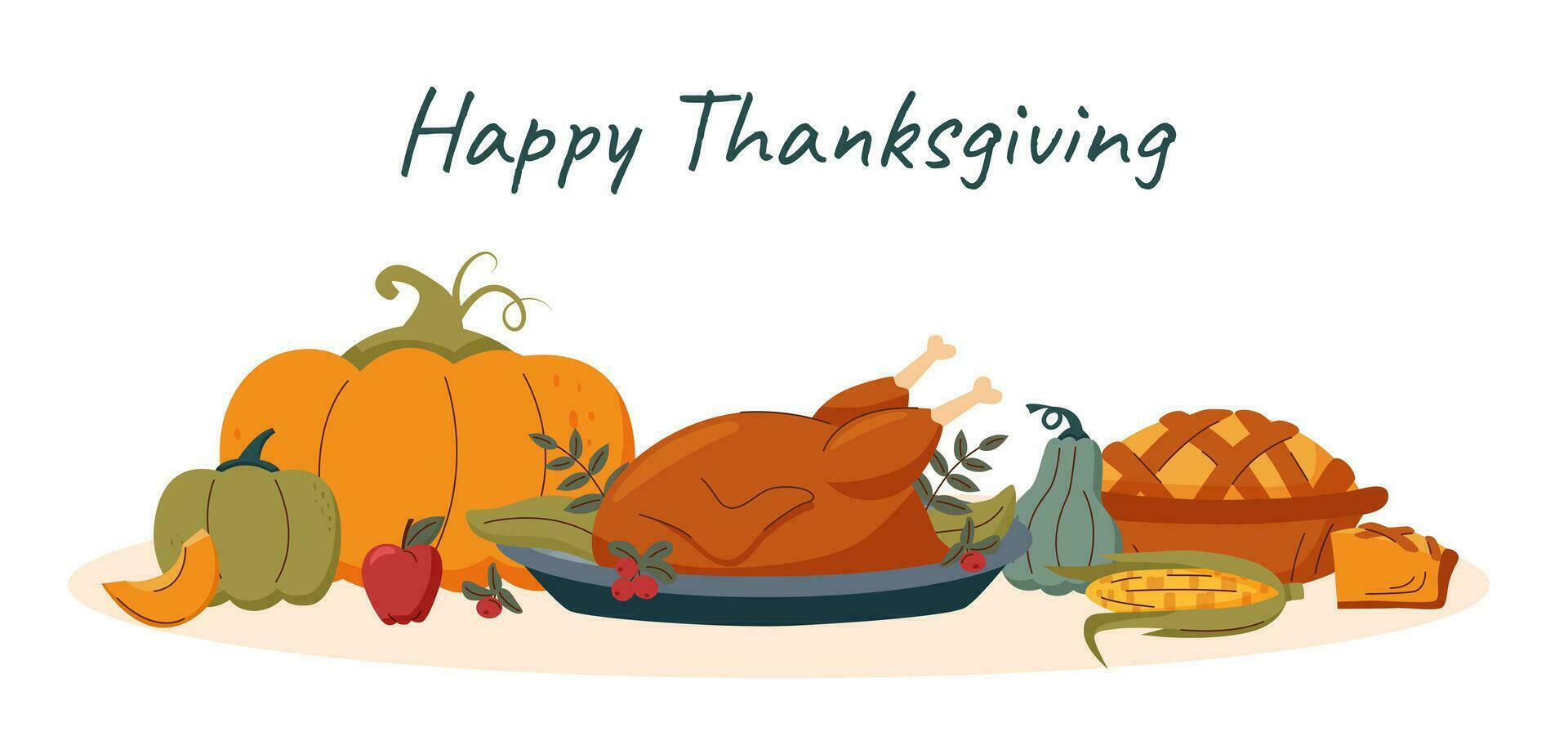 Thanksgiving dinner. Turkey, vegetables and pie vector