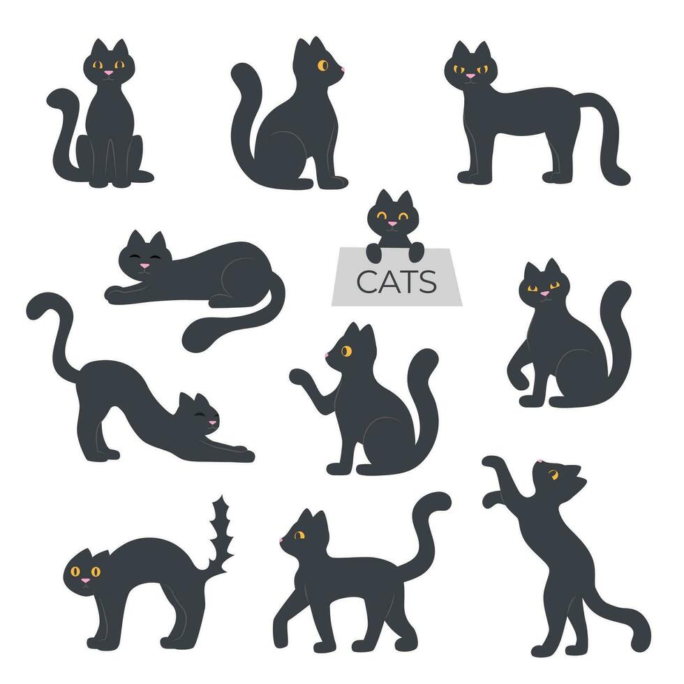 Set of flat black cats vector