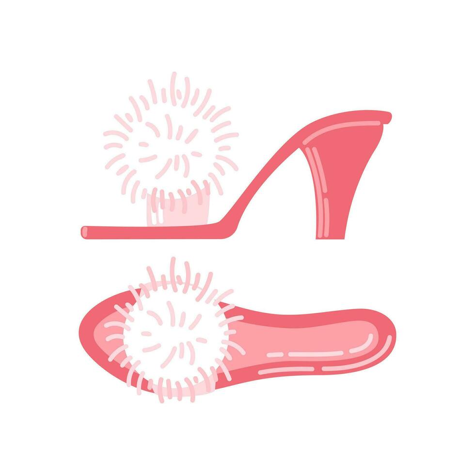Pink shoes with a fur pompom heel. Shoes for Dolls. Vintage feathered shoes for the house. Vector illustration in cartoon style. Symbol for icon, logo. Vector illustration for sticker, design element