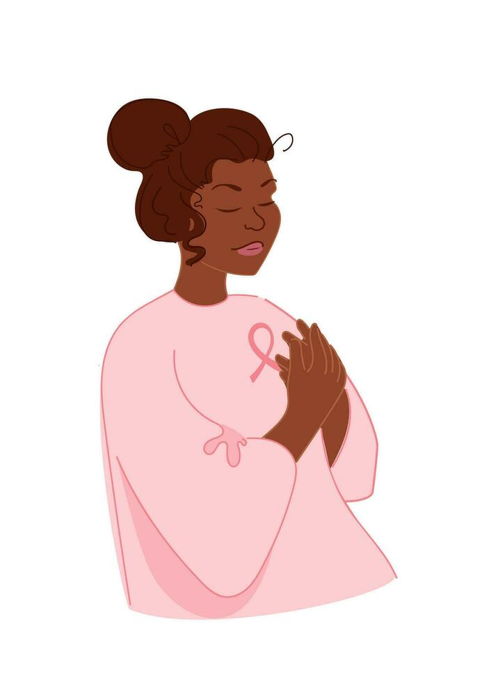 Breast Cancer Awareness Month. Girl with a pink ribbon. Vector illustration in sketch style. For web banner, flyer, website