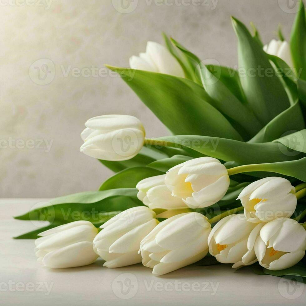 simple color background And there are white tulips placed at the edge of the picture. photo