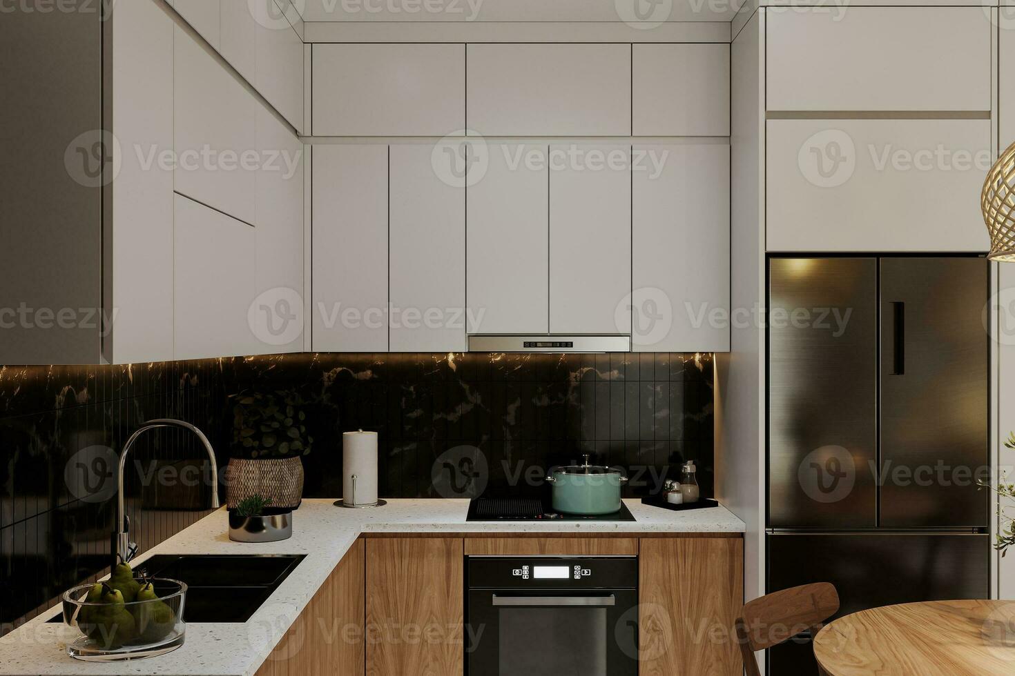inteligente idea con blanco y de madera toques en acogedor cocina, 3d representación foto
