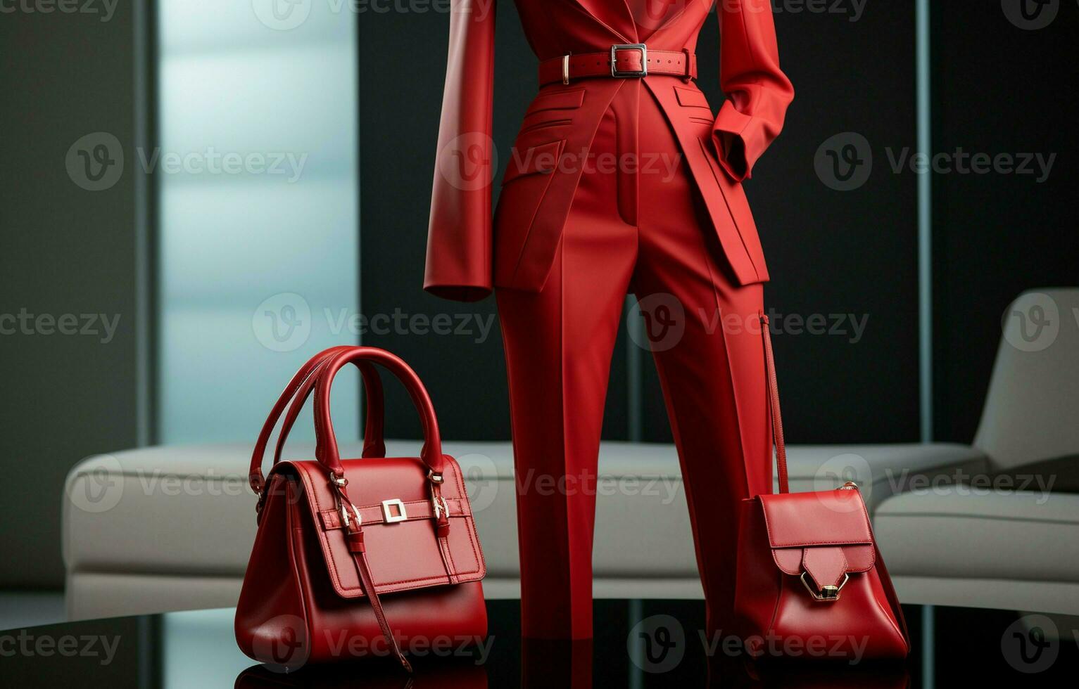 Modern woman's attire consisting of a red jacket, trousers, and a white geometric bag. AI Generative photo