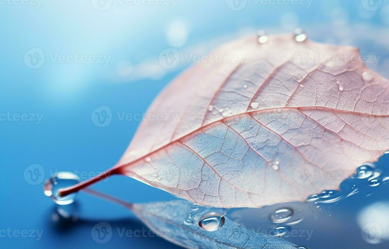 On a blue and pink background, a glass with shiny water drops showcases a transparent skeleton leaf with beautiful texture in a close-up macro shot. AI Generative photo