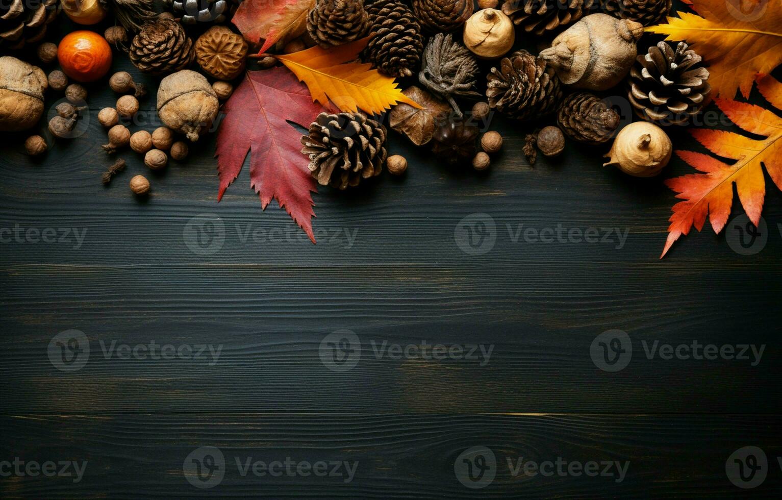 Colorful fall leaves, nuts and pine cones. Corner border over a rustic dark background. Copy space. AI Generative photo