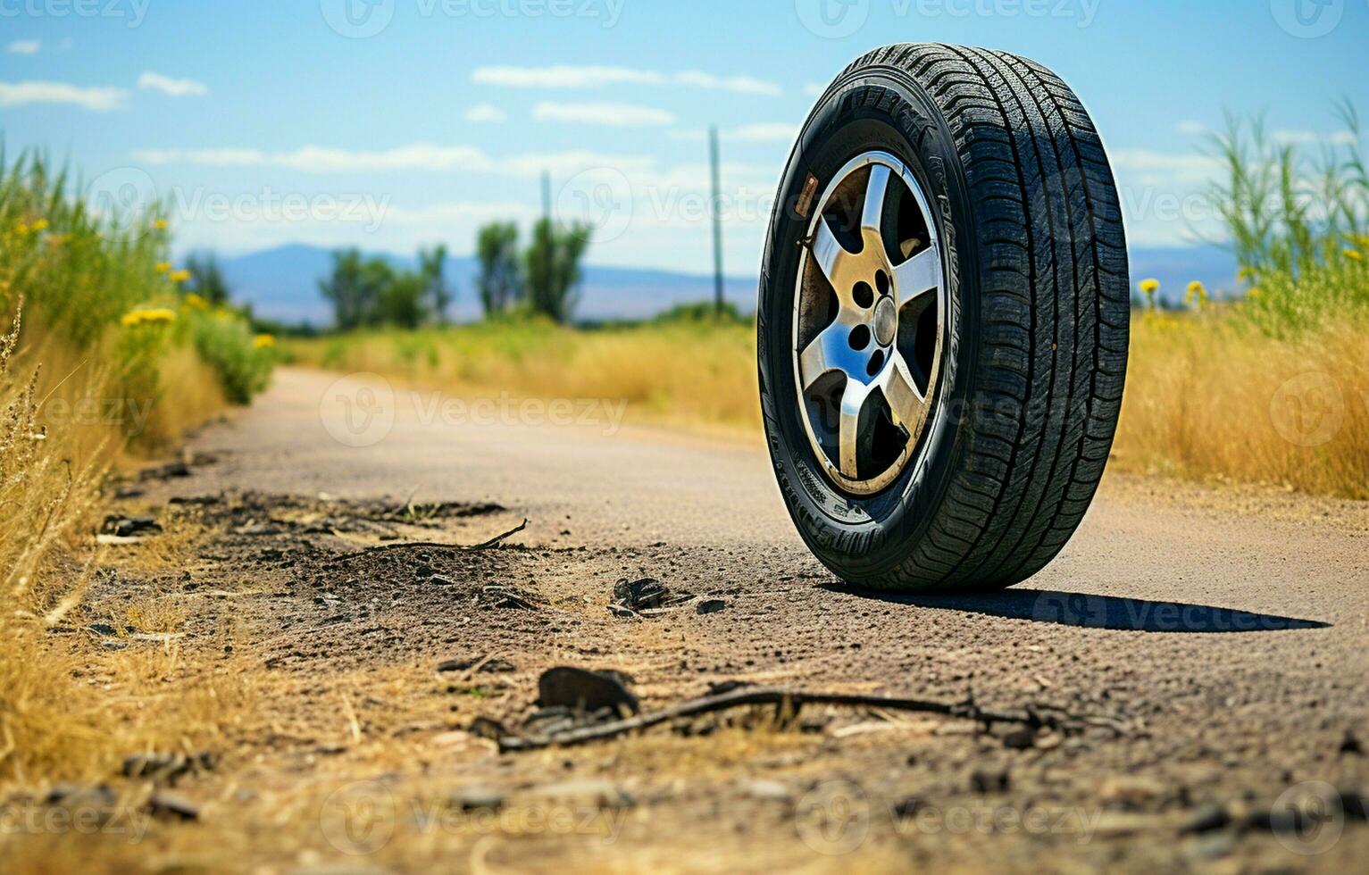 Using summer tires on a rural road. AI Generative photo