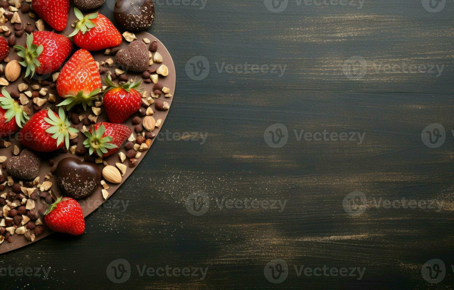 For valentine's day or another holiday, create a web banner using homemade milk chocolate with nuts and dried strawberries. Chocolate on a wooden cutboard on a gray kitchen table. AI Generative photo