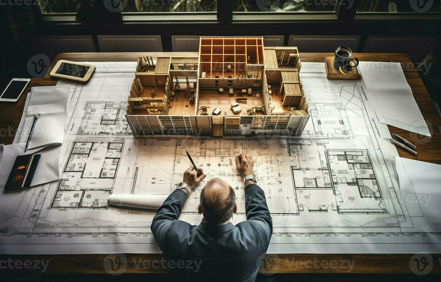 Above, an architect plans and writes using tools, a tablet, or a notebook for a blueprint, strategy, or DIY project. Construction, architecture, or a top view of a book, floor plan. AI Generative photo