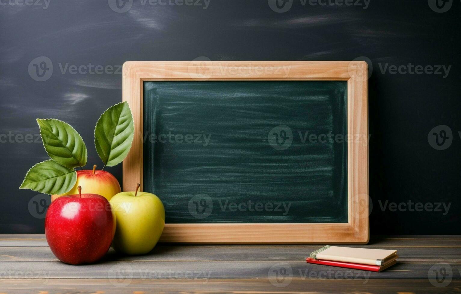 Holiday greeting icon for Teacher's Day. The concept of education knowledge day. A wooden chalk board frame and a flower bouquet sit on a table with an empty copy area. AI Generative photo