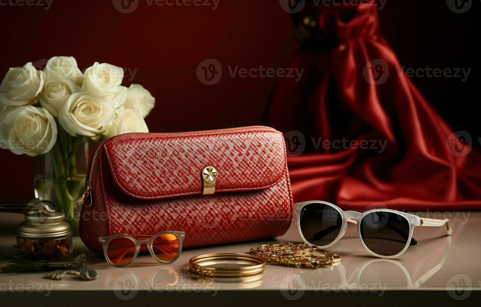 Womanish purse in still life for cosmetics, accessories, mobile phone, brooches, watches, fragrances, and sunglasses. AI Generative photo