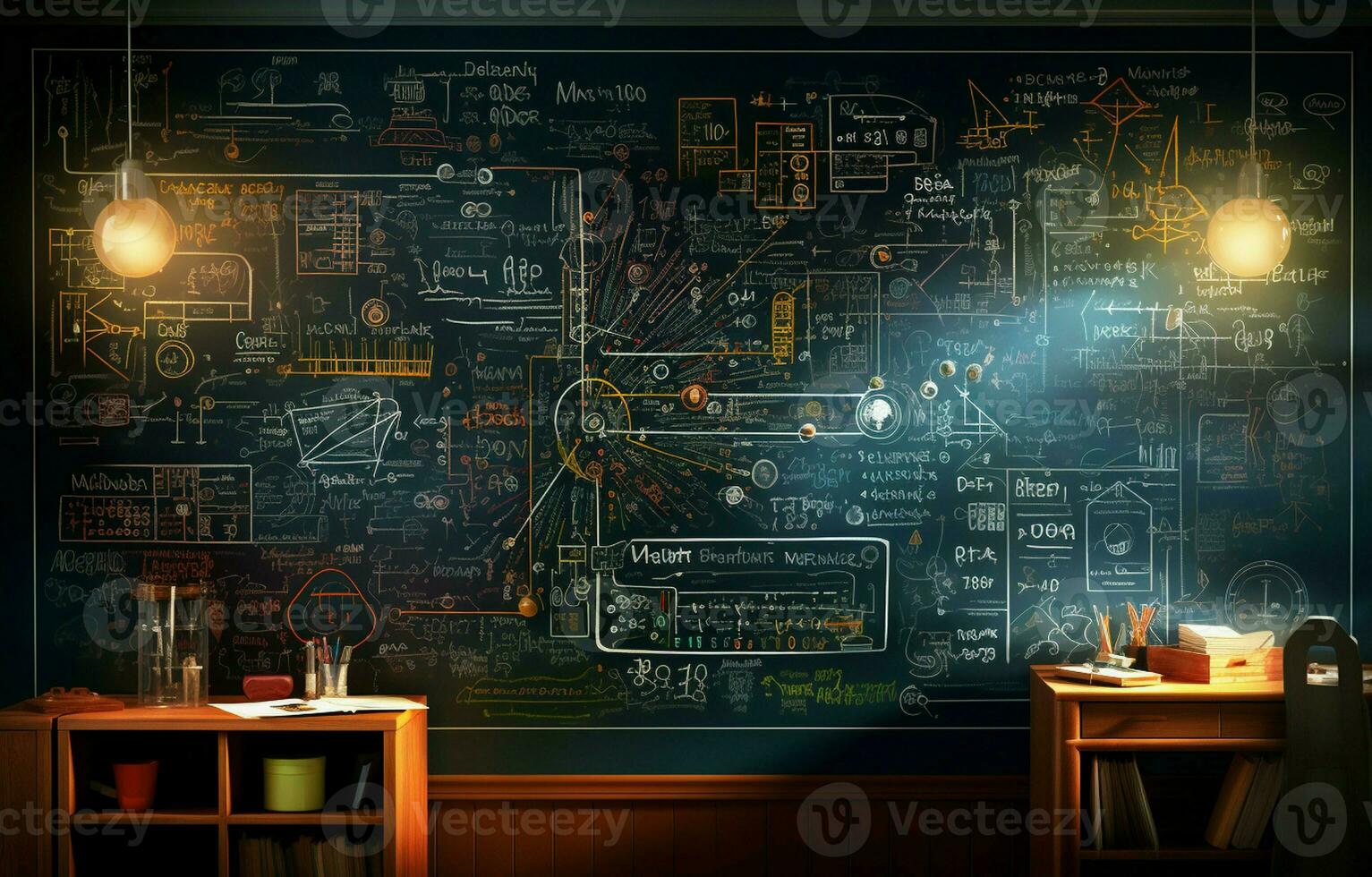 Scientific formulas and calculations in physics, mathematics, and electrical circuits are written on a blackboard. Background in science and education. AI Generative photo