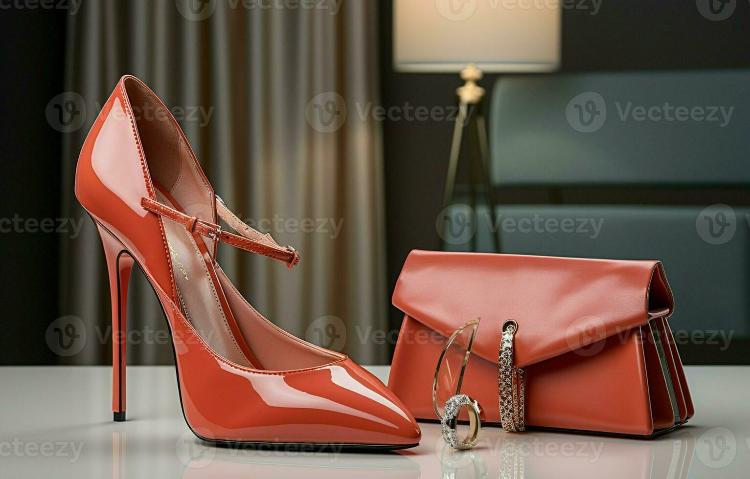 Red heels and a salmon dress. On the table are female evening outfits. Salmon dress with chain belt. Handbag and shoes in gleaming leather. AI Generative photo