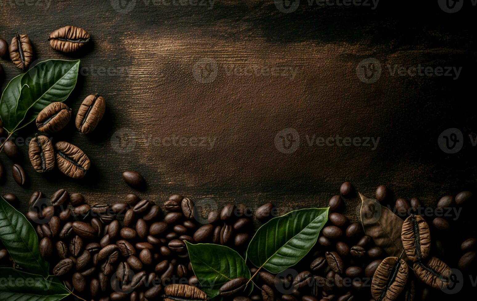 This is an image of fragrant coffee beans on a rustic tabletop background. There is ample copy space available for a banner. AI Generative photo