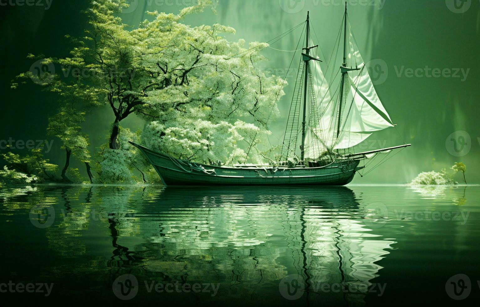 On a green background, there is an abstract artistic image of a ship in the water of a lake. A white, transparent leaf can be seen on the mirror surface of the water, with a reflection. AI Generative photo