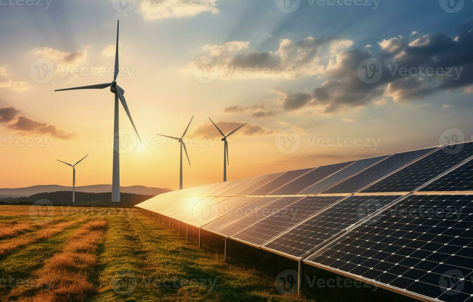 The generation of sustainable green energy using solar energy panel photovoltaic cells and wind turbine farms is a friendly enterprise. Concept of clean, sustainable development. AI Generative photo