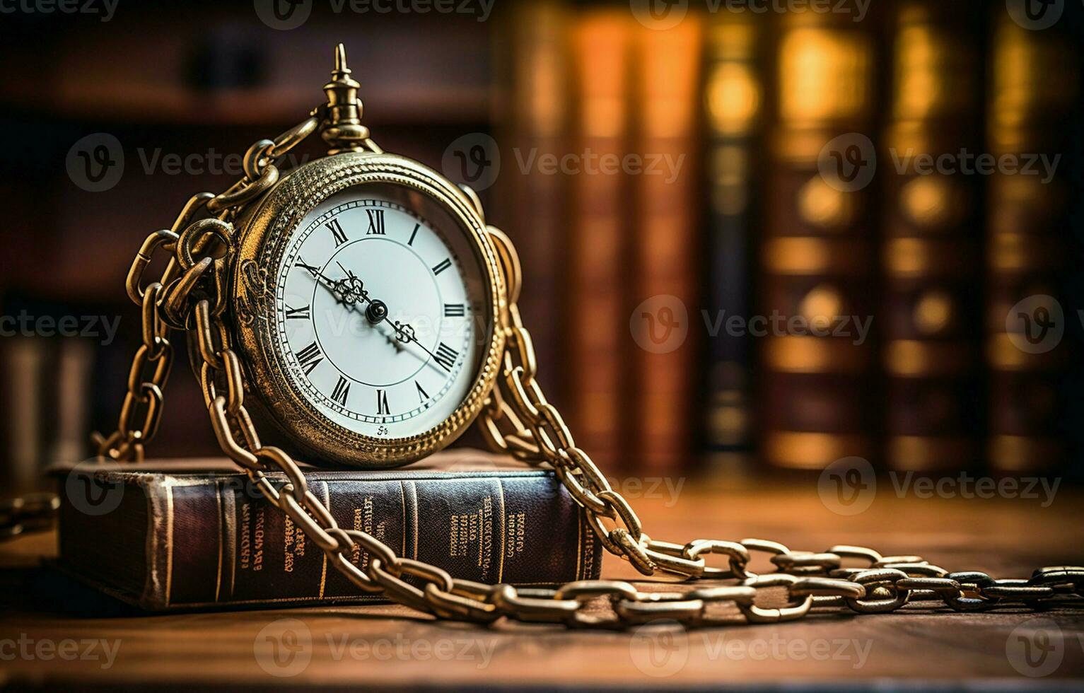 A chained ancient clock hangs against a background of old books. A retro clock represents time, just as a book represents knowledge. History, nostalgia, culture, old, and antique. AI Generative photo