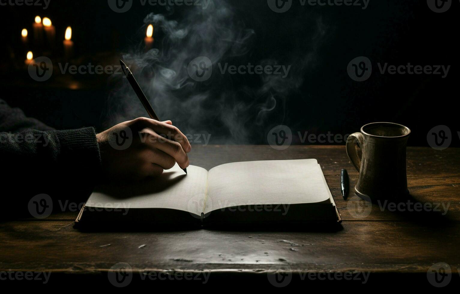 A man's hand is visible in a fog while he is writing in a notebook. The scene is isolated on a black background. AI Generative photo