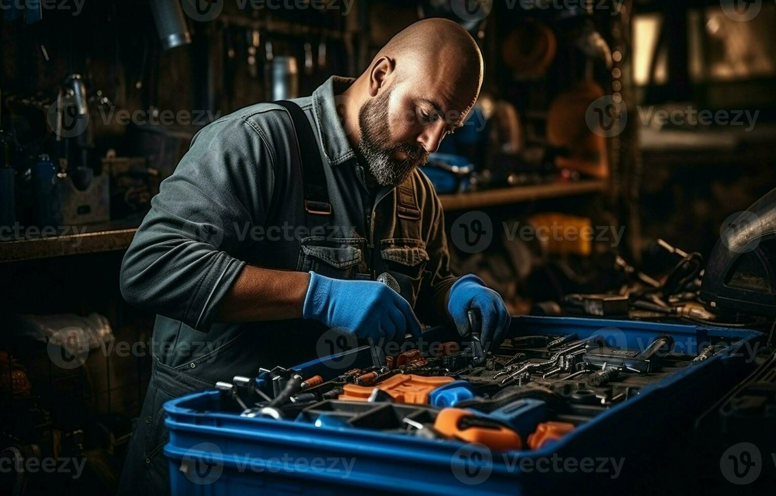 At a contemporary service station, a mechanic opens a blue metal box containing various tools for car repair. AI Generative photo