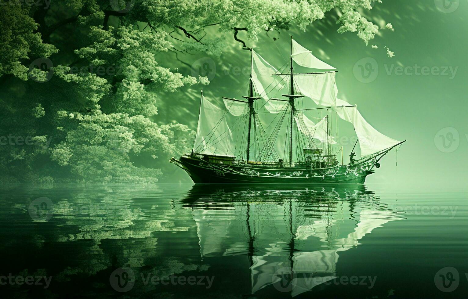 On a green background, there is an abstract artistic image of a ship in the water of a lake. A white, transparent leaf can be seen on the mirror surface of the water, with a reflection. AI Generative photo