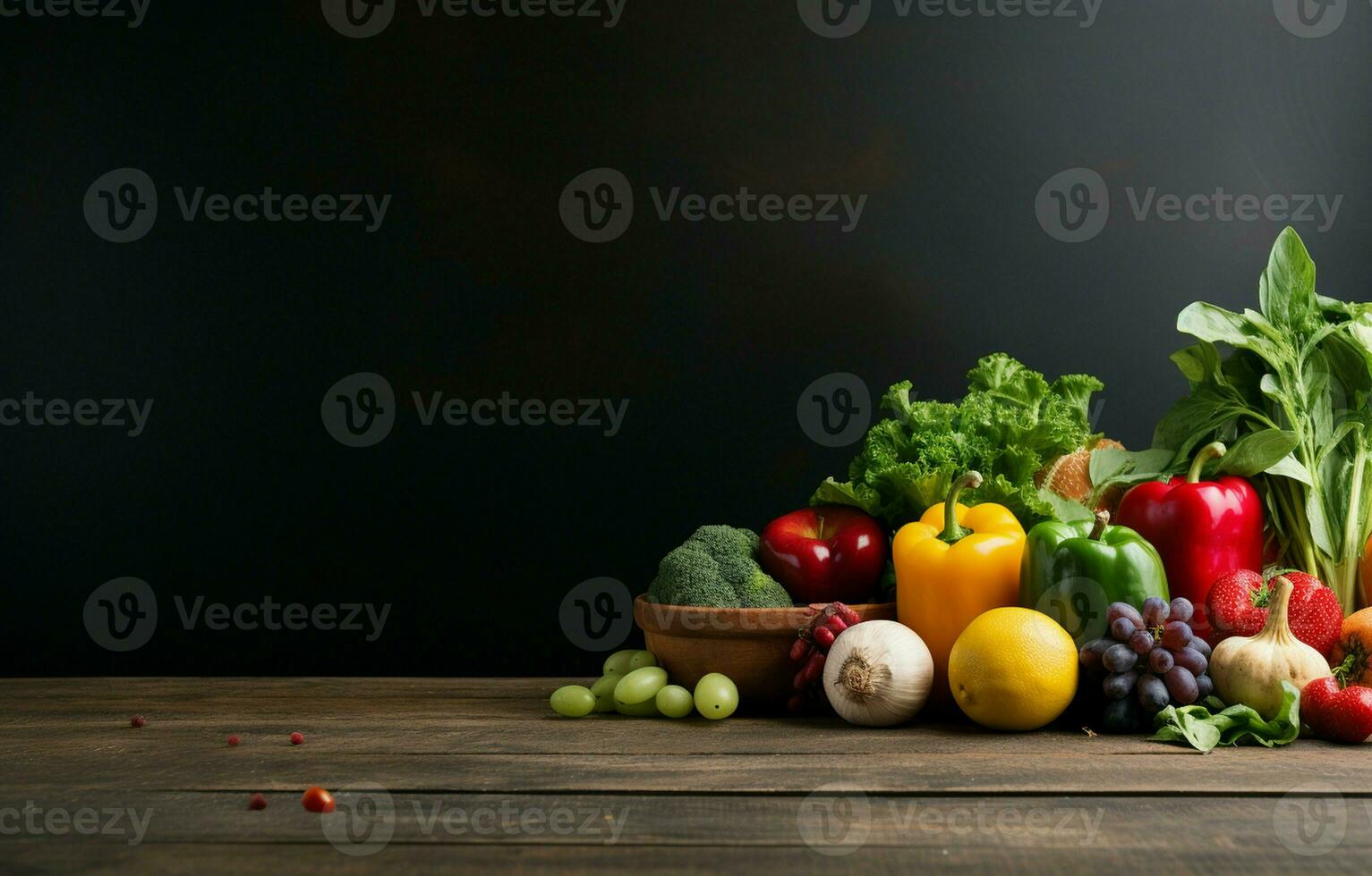 On the left side of the table, with copy space, is a balanced arrangement of vibrantly colored, perfectly ripe fruits and vegetables. AI Generative photo