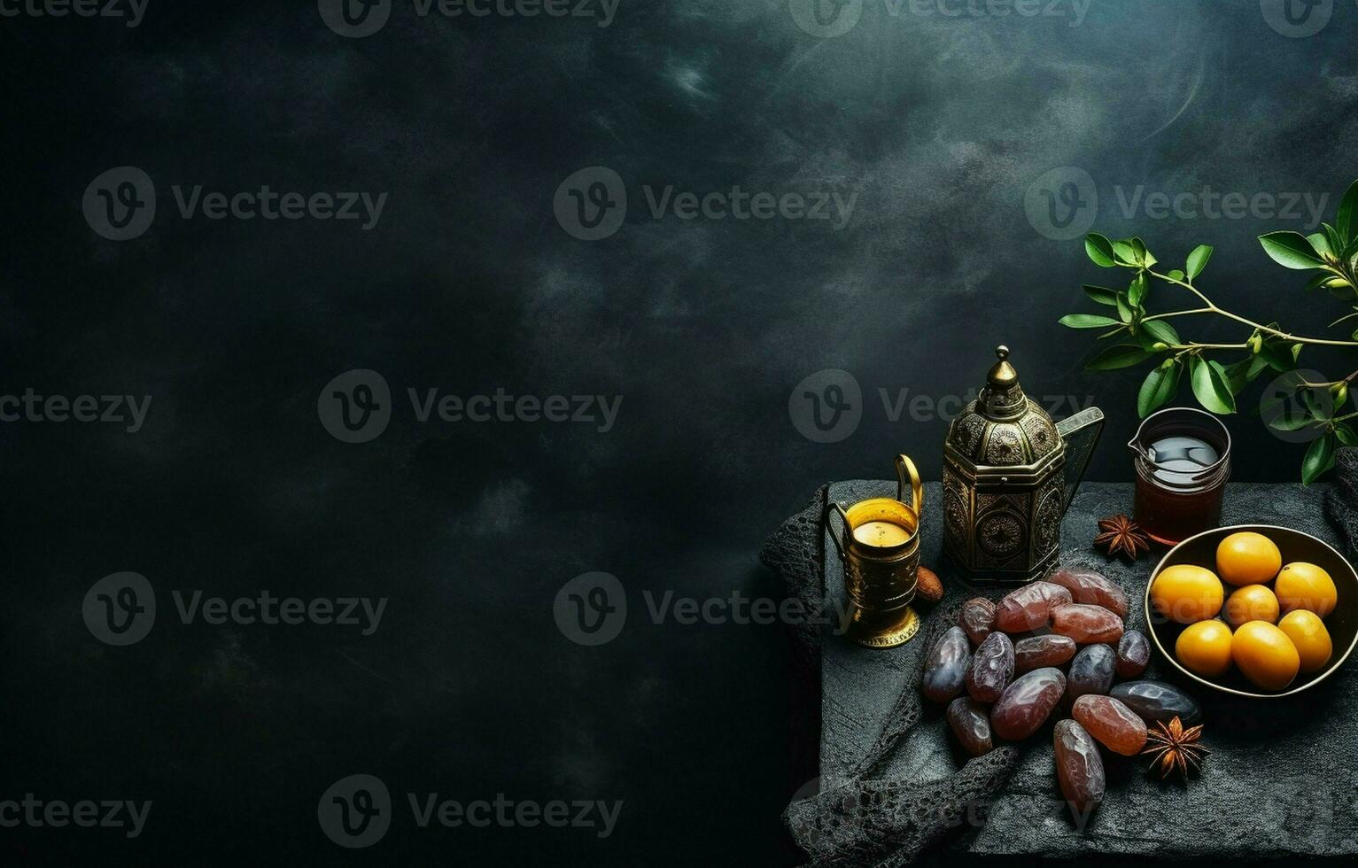 Tabletop image of Ramadan Kareem decoration, dates fruit, Aladdin lamp, and rosary beads on dark stone background. Copy space in a flat lay. AI Generative photo