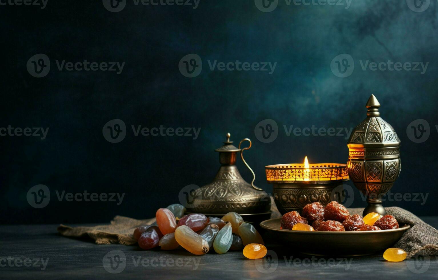 mesa imagen de Ramadán kareem decoración, fechas fruta, Aladino lámpara, y rosario rosario en oscuro Roca antecedentes. Copiar espacio en un plano poner. ai generativo foto