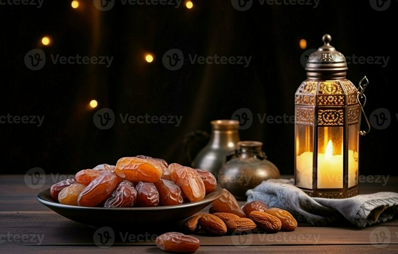 Tabletop image of Ramadan Kareem decoration, dates fruit, Aladdin lamp, and rosary beads on dark stone background. Copy space in a flat lay. AI Generative photo