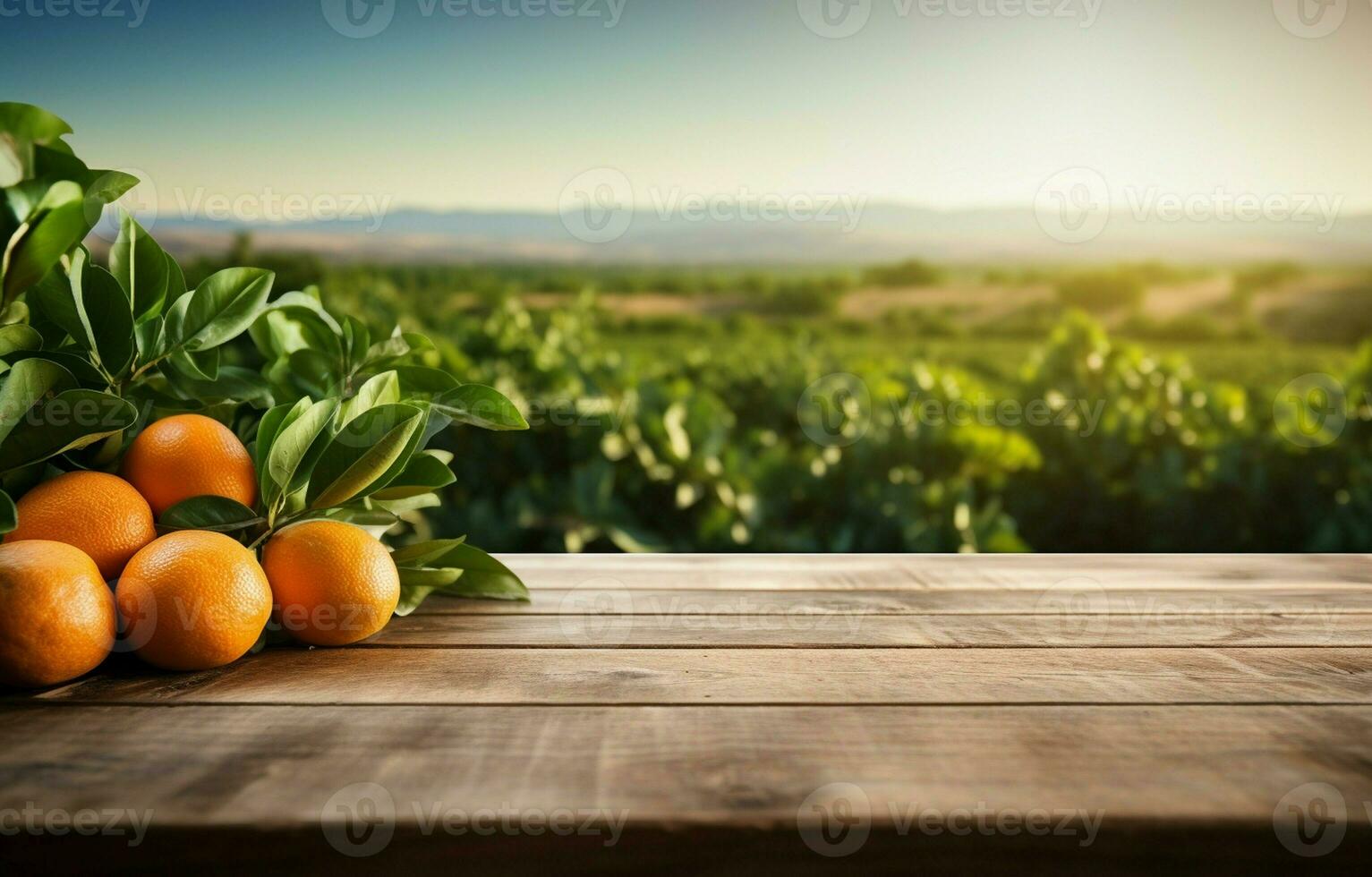 Orange trees on an empty wooden table against an orange field background. Ideal for product displays. AI Generative photo