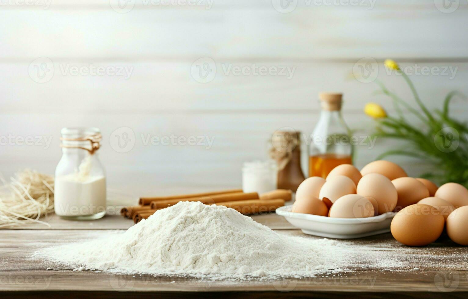 Baking background. Cooking ingredients for dough, eggs, flour, sugar, butter, rolling pin on white style kitchen. AI Generative photo