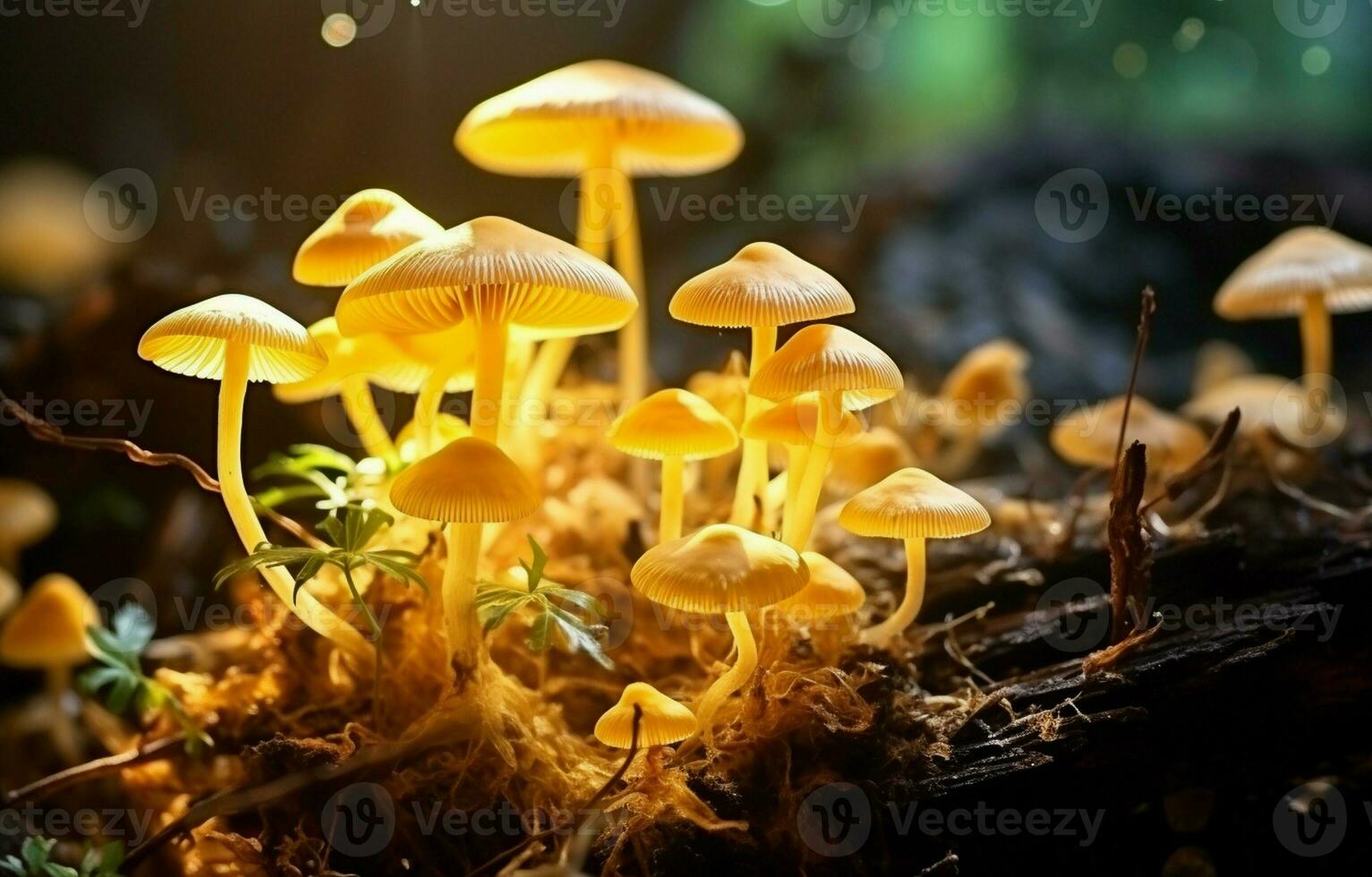 Yellow light close-up on mycelium. Pattern of edible mushrooms. Footage of biological mushrooms. A swarm of mushrooms is sprouting. AI Generative photo