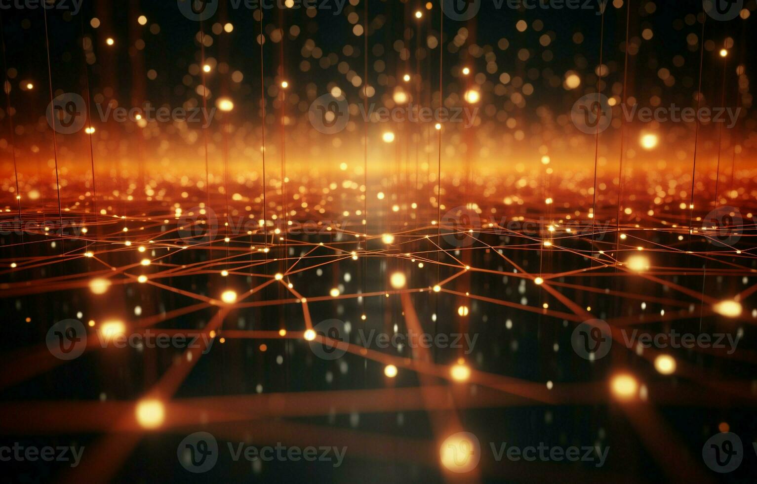 Science fiction background with glowing particles in 3D rendering with bokeh and depth of field. Particles create surface grids and lines. space or the microcosm. AI Generative photo