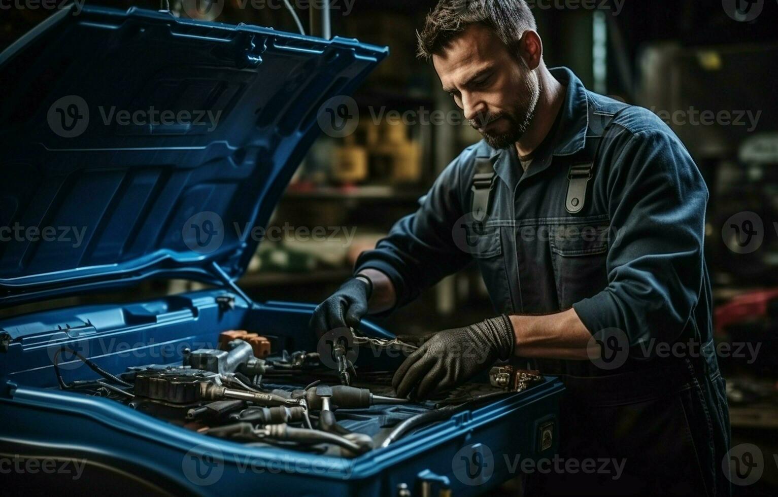 At a contemporary service station, a mechanic opens a blue metal box containing various tools for car repair. AI Generative photo