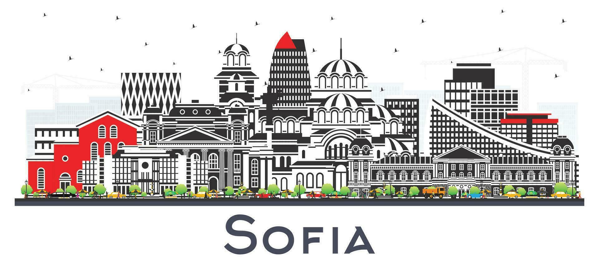 Sofia Bulgaria City Skyline with Color Buildings Isolated on white. vector