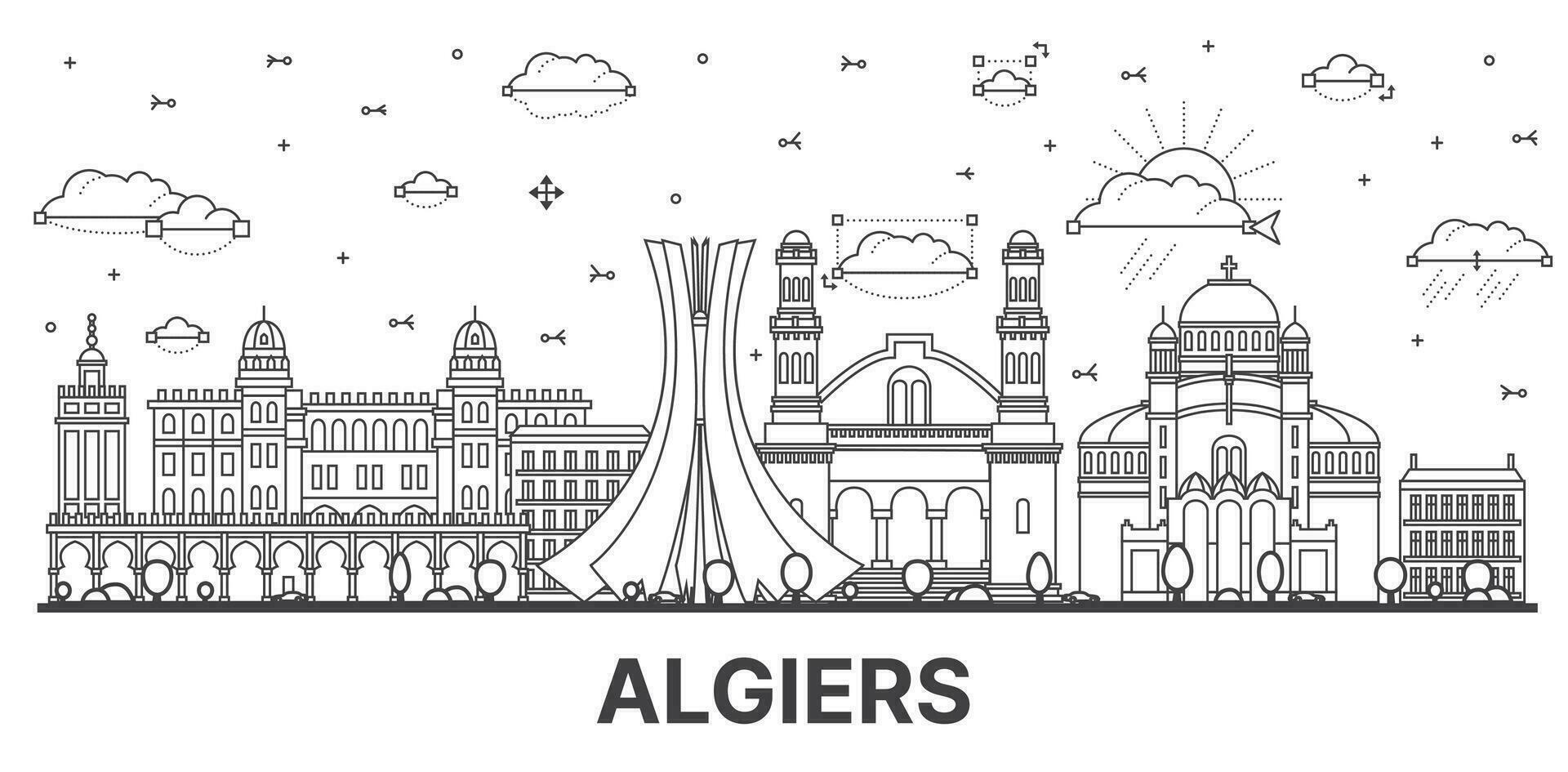 Outline Algiers Algeria city skyline with modern and historic buildings isolated on white. vector