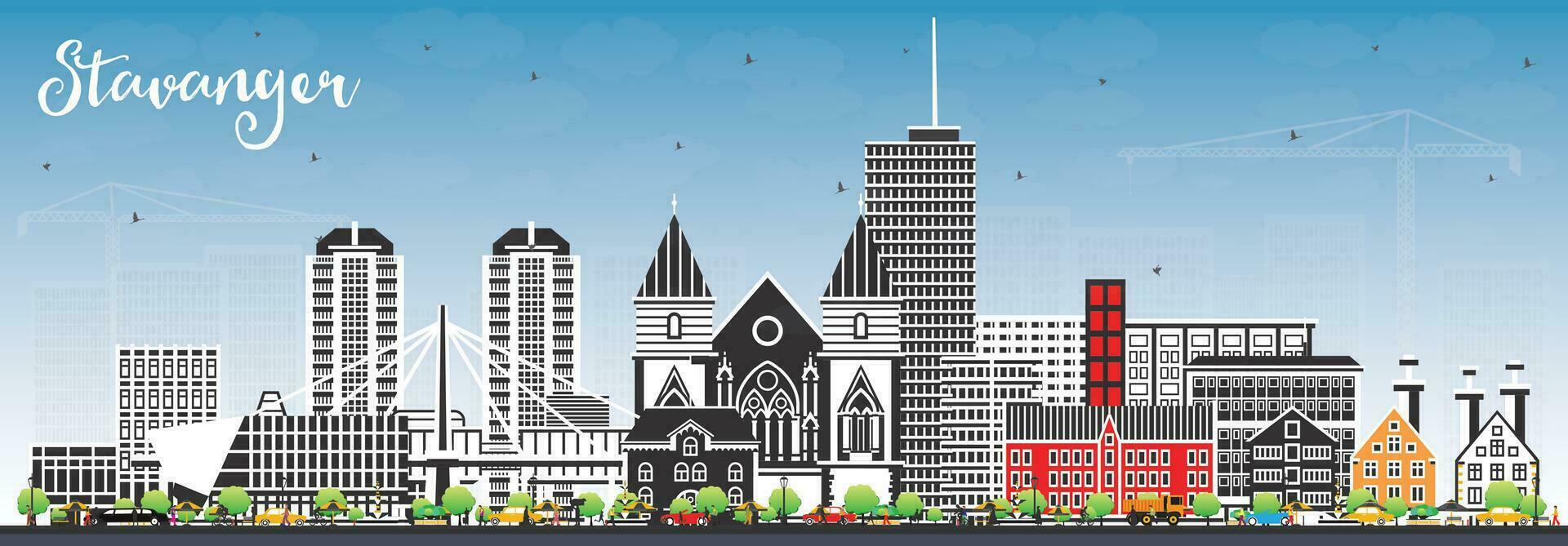 Stavanger Norway city skyline with color buildings and blue sky. Stavanger cityscape with landmarks. Business travel and tourism concept with historic architecture. vector