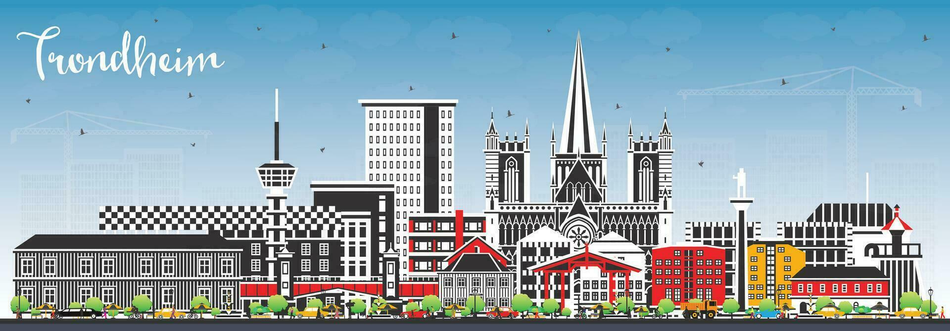 Trondheim Norway City Skyline with Color Buildings and Blue Sky. Trondheim Cityscape with Landmarks. vector