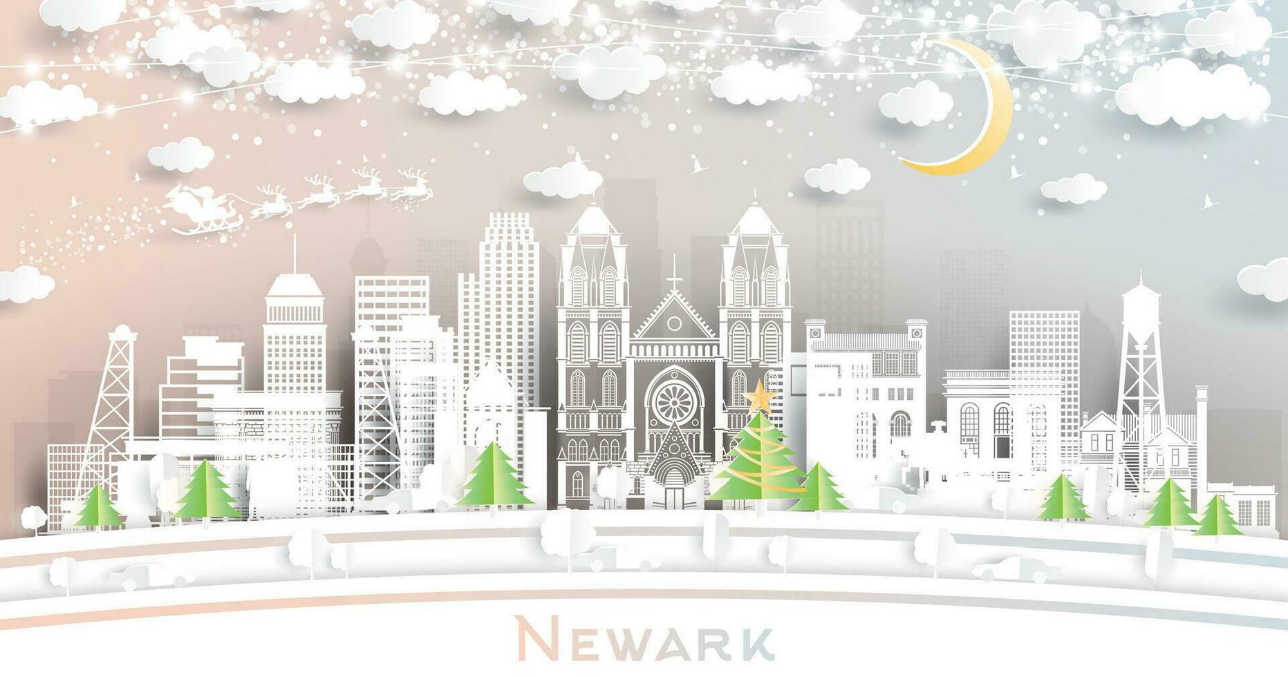 Newark nuevo jersey. invierno ciudad horizonte en papel cortar estilo con copos de nieve, Luna y neón guirnalda. Navidad y nuevo año concepto. Newark paisaje urbano con puntos de referencia vector